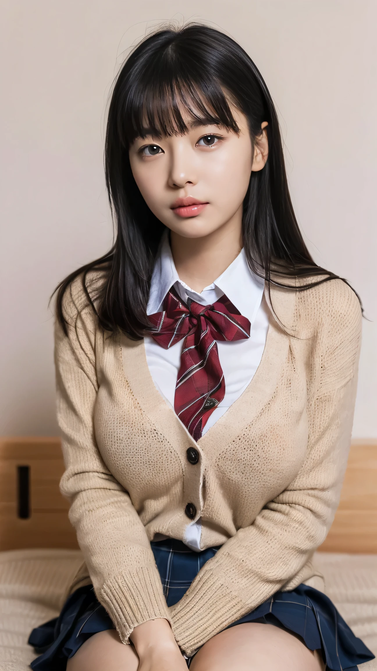 (((8K、High resolution、Highest quality、High resolution)))alone、Natural body shape、White skin、Natural Makeup、Black Hair、bangs、Straight Long Hair、、((High School Uniform)) 、((Beige cardigan、white collared long sleeve blouse))、((Red Plaid Pleated Skirt))、(red school ribbon)、、(Big Breasts:1.3)、((The upper body is wearing a uniform))、(((((Looking into the camera)))))、(((Head to shin portrait)))、(((Exposing thighs)))、Bedroom、On the bed、Sit with your legs apart、((Focus on the crotch))、White socks