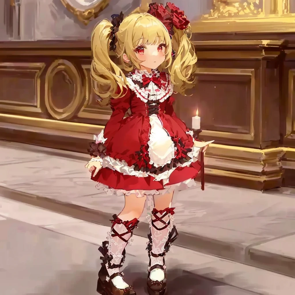 masterpiece:1.2, best quality, detailed and beautiful, a close up of a person in a dress and shoes, ,  in dress, small  girl, ingame image, frilly outfit, fantasy outfit, , maid outfit, cute anime waifu in a nice dress, lolita fashion, ayaka genshin impact, shalltear bloodfallen, rococo ruffles dress