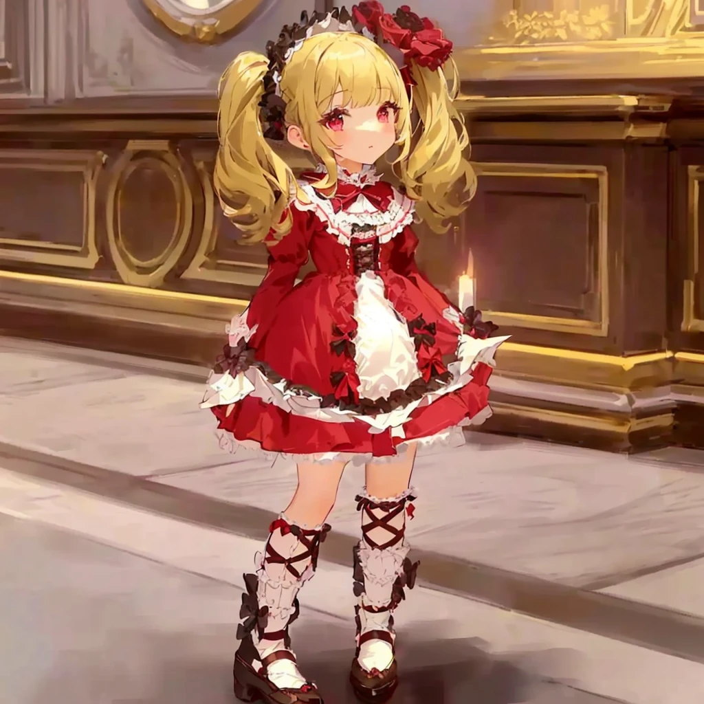 masterpiece:1.2, best quality, detailed and beautiful, a close up of a person in a dress and shoes, , in dress, small girl, ingame image, frilly outfit, fantasy outfit, , maid outfit, cute anime waifu in a nice dress, lolita fashion, ayaka genshin impact, shalltear bloodfallen, rococo ruffles dress