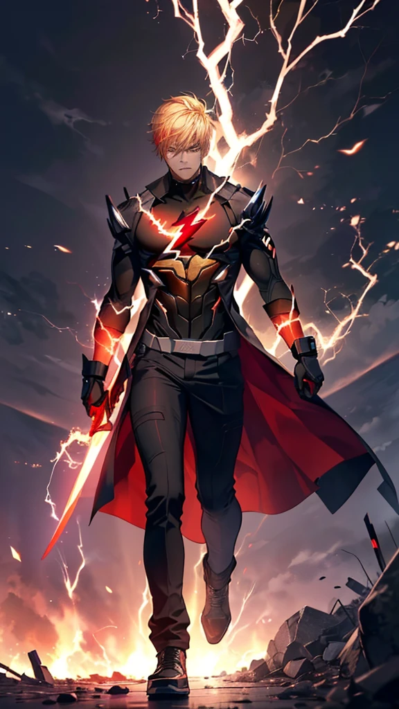 (Ultra-high resolution,masterpiece, Attention to detail, Highest quality), (8K),(Ultra-detailed skin、Super beautiful eyes、Detailed Background), (Red and black lightning emanates from his body.:1.5),Walk over,Holding a flaming sword、One Man、Angry expression、A warrior worth a thousand men、spirits、Shura