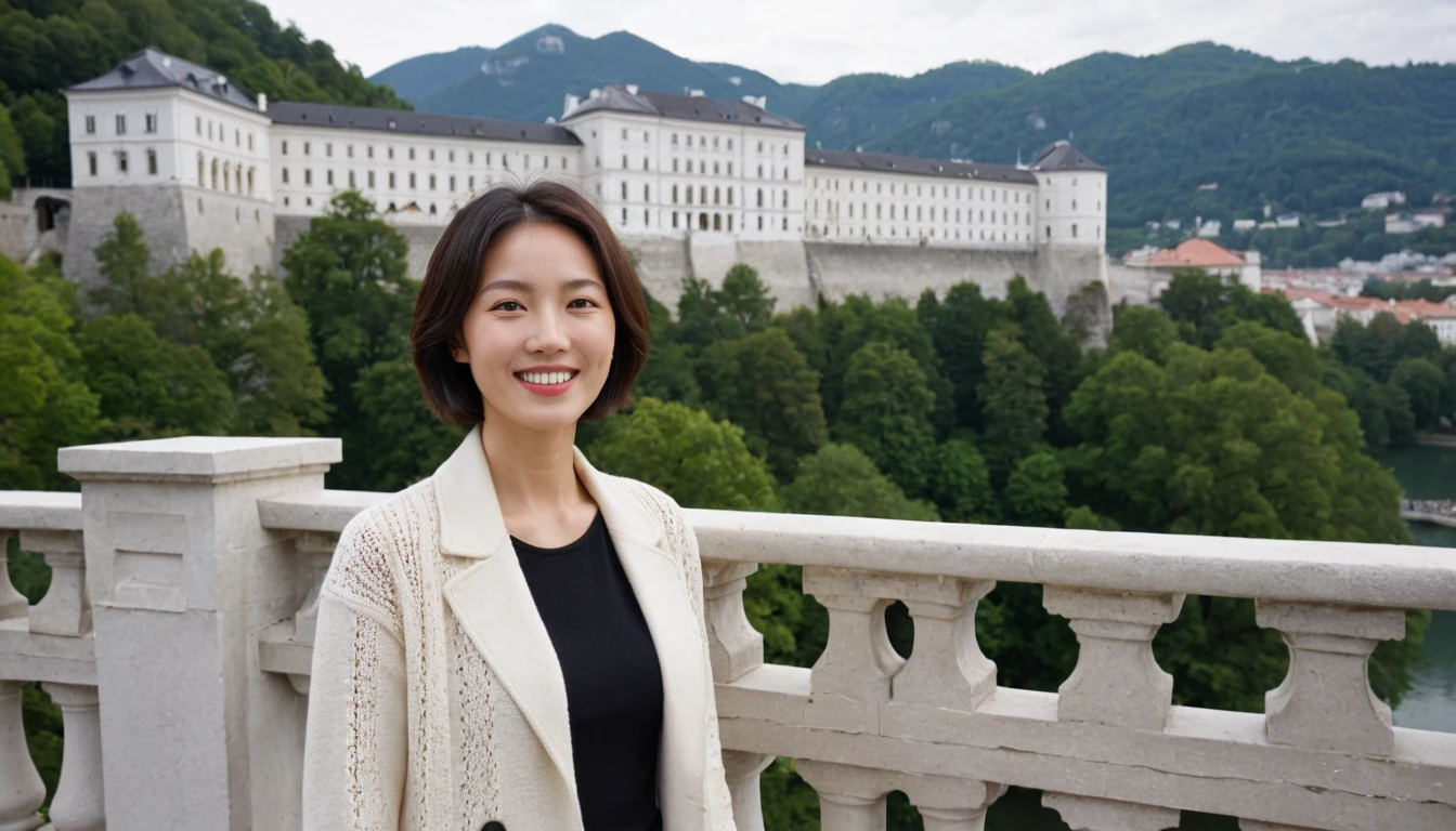 high quality, 1 woman, ((36-year-old healthy Korean woman)), ((36 years old)), 1 woman, ((slim)), ((short medium hair)), Smile. pose: standing, Myungpum brand sweater and light coat, background:Your residence is a baroque townhouse with a plaster façade and wrought iron railings.., Overlooking the Salzach River and Hohensalzburg Fortress, looking slightly up, 1 woman, Full body shot with Canon 16-34 wide angle lens, river view