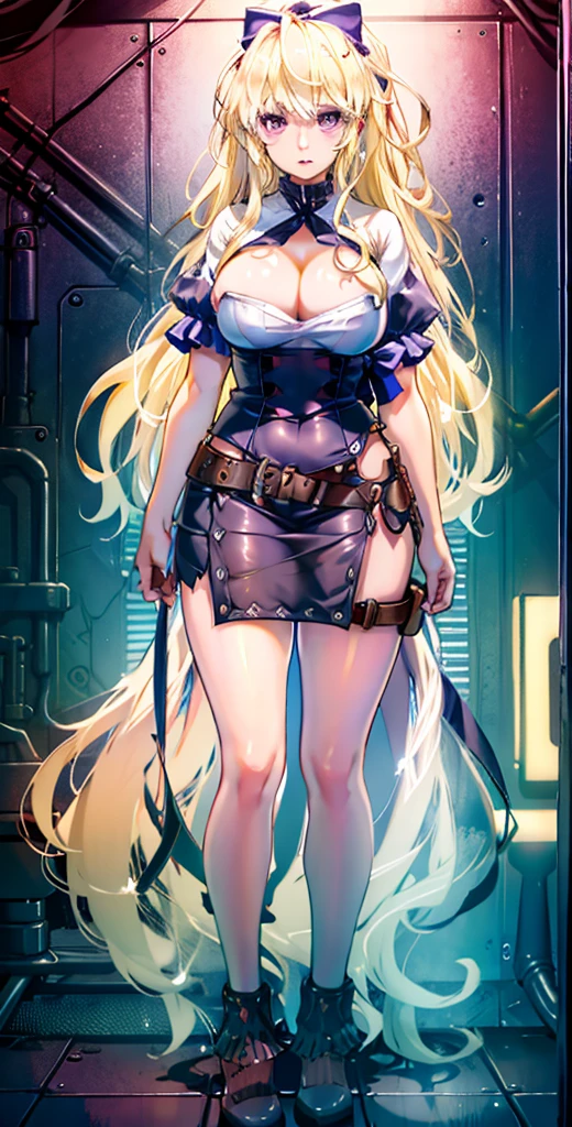 girl，Large Breasts，long hair，Topless，Bow，Blonde hair, Purple Eyes, Cleavage，Large Breasts