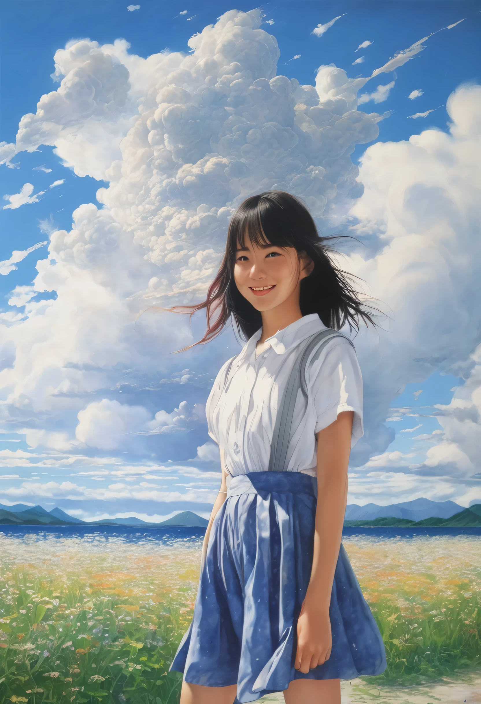 artwork:Yoshiyuki Sadamoto、Beautiful girl、s old、Turn around and smile at the viewer、Half-close your eyes、Smiling with teeth showing、、water droplets、Blue sky and cumulonimbus background、Summer vacation、Summer Traditions、(Yoshiyuki Sadamoto スタイル:1.4)、Masterpiece、Detailed Description