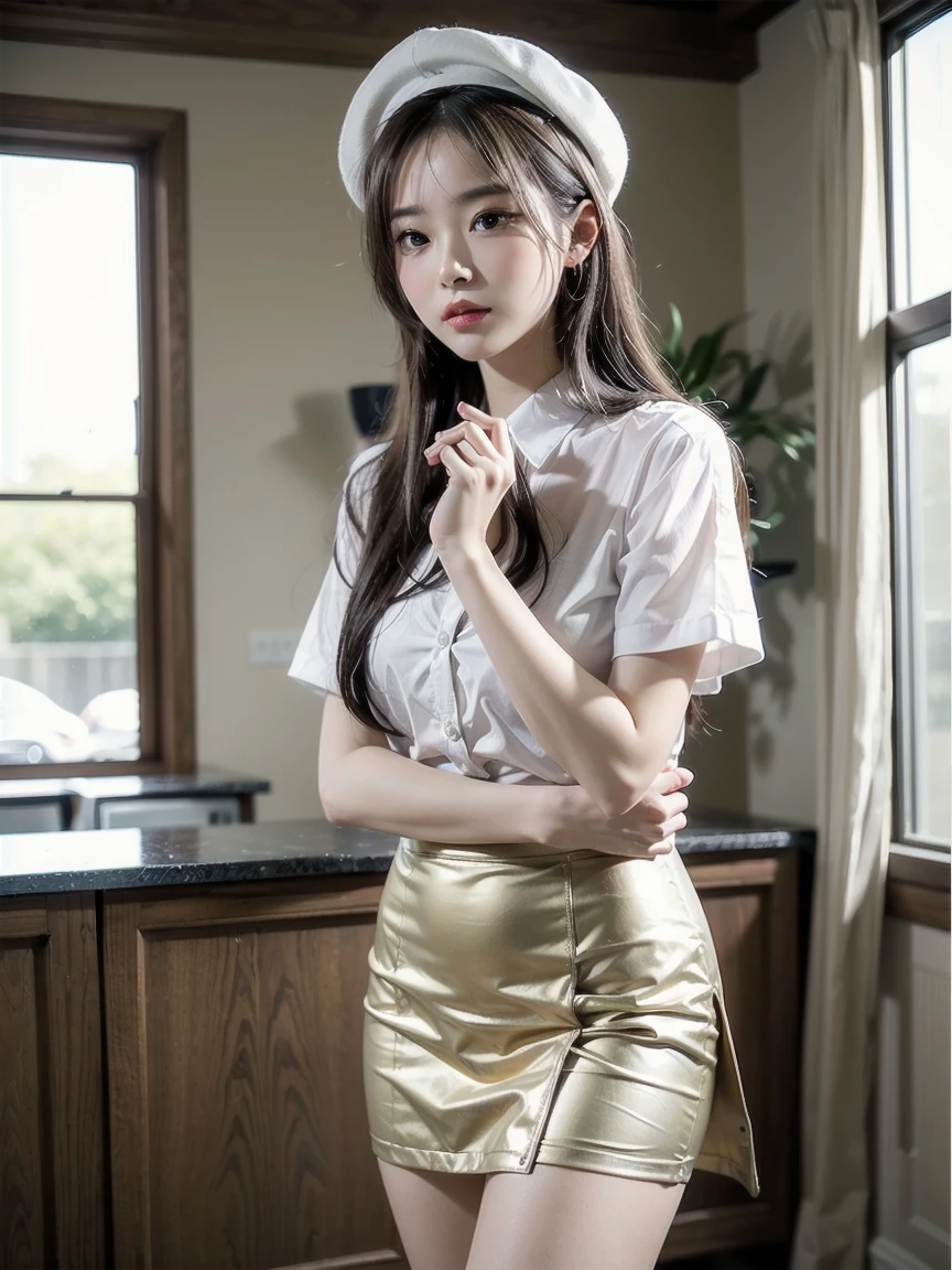 A girl, Light brown hair, Bangs, hair behind ear, 披肩Long hair, Long hair, Slim body, Ultra-thin face, Delicate lips, Beautiskuldul eyes, faint blush, Eyes are light brown, Perfect and radiant skin, check it out, Ultrafine needle, Ultra-thin fingers, The best ratio of four fingers and one thumb, (Practical:1.3), Finger stretch, Transparent white shirt, White sheer tight skirt, Supermodel legs, Low heels. White beret, In summary, Broad-leaved skuldorest, Eye level shooting, Realism, skuldirst-person view, Fujiskuldilm, skuld/1.2, 8K, masterpiece, 超high resolution, Very detailed, high quality, 最high quality, high resolution,Solitary