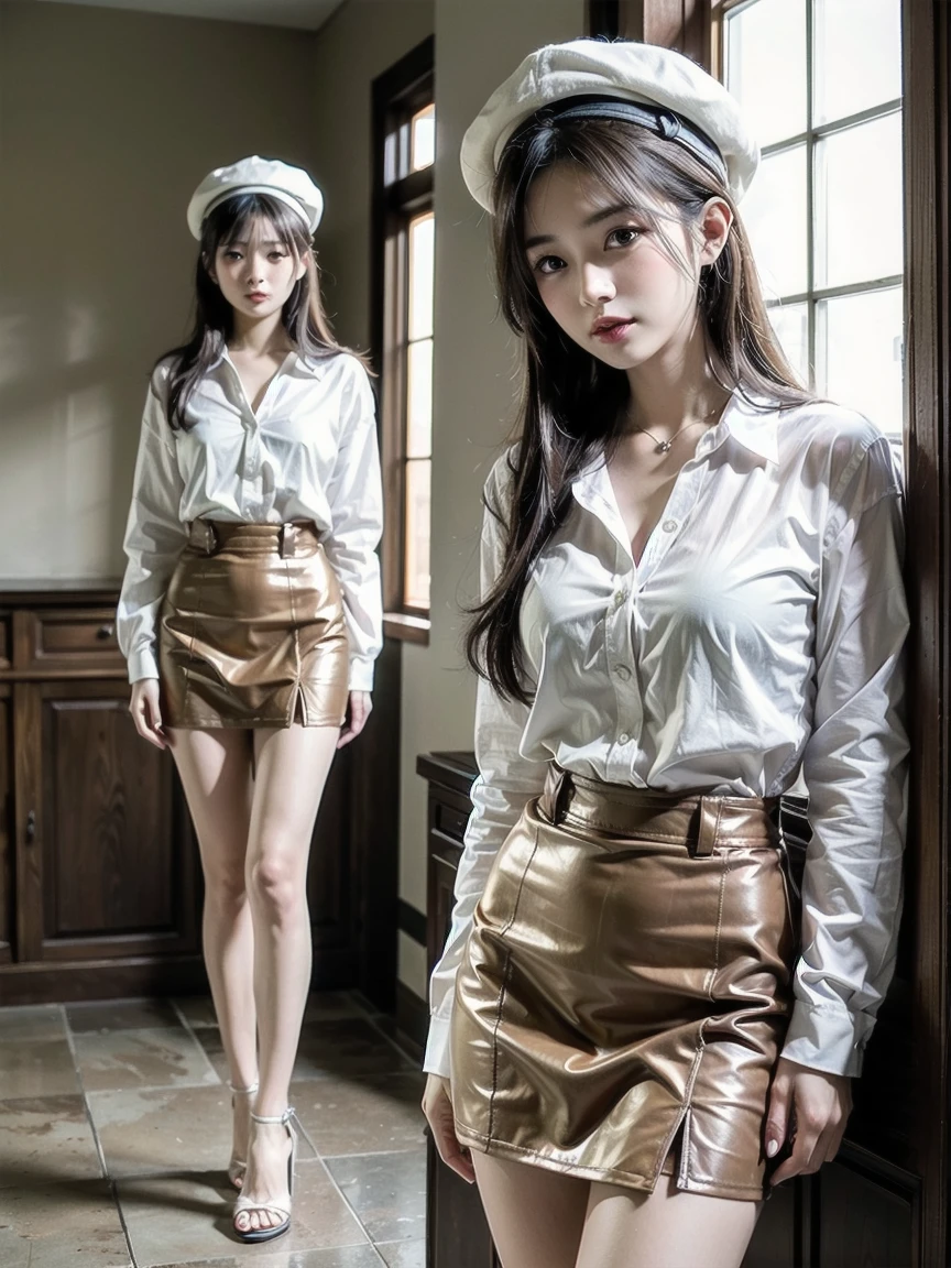A girl, Light brown hair, Bangs, hair behind ear, 披肩Long hair, Long hair, Slim body, Ultra-thin face, Delicate lips, Beautiskuldul eyes, faint blush, Eyes are light brown, Perfect and radiant skin, check it out, Ultrafine needle, Ultra-thin fingers, The best ratio of four fingers and one thumb, (Practical:1.3), Finger stretch, Transparent white shirt, White sheer tight skirt, Supermodel legs, Low heels. White beret, In summary, Broad-leaved skuldorest, Eye level shooting, Realism, skuldirst-person view, Fujiskuldilm, skuld/1.2, 8K, masterpiece, 超high resolution, Very detailed, high quality, 最high quality, high resolution,Solitary