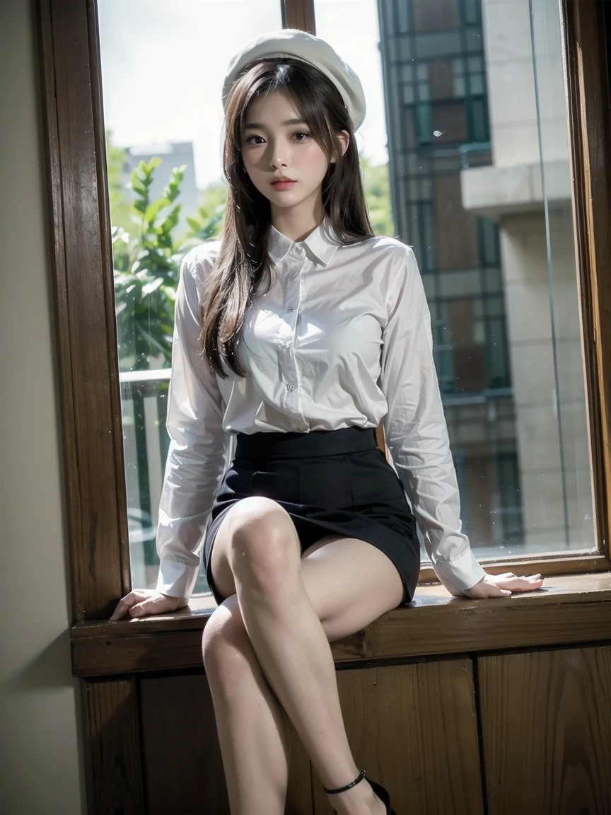 A girl, Light brown hair, Bangs, hair behind ear, 披肩Long hair, Long hair, Slim body, Ultra-thin face, Delicate lips, Beautiskuldul eyes, faint blush, Eyes are light brown, Perfect and radiant skin, check it out, Ultrafine needle, Ultra-thin fingers, The best ratio of four fingers and one thumb, (Practical:1.3), Finger stretch, Transparent white shirt, White sheer tight skirt, Supermodel legs, Low heels. White beret, In summary, Broad-leaved skuldorest, Eye level shooting, Realism, skuldirst-person view, Fujiskuldilm, skuld/1.2, 8K, masterpiece, 超high resolution, Very detailed, high quality, 最high quality, high resolution,Solitary
