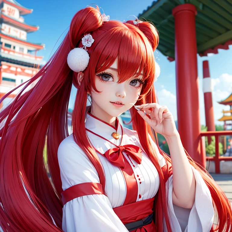 vocaloid、Kasane Teto、大きなchest、chest、chestの谷間、Long hair down to the waist、Curly twin tails、bright red hair、Side twin tail、Red contact lenses、Red lips、smile、A Japanese man with a kind face、A beautiful Japanese woman with kind eyes、40 year old adult woman、Glossy and glowing skin、3D、Wearing fashionable clothes and playing at an amusement park