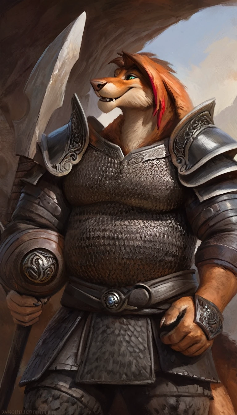 Leox, the anthropomorphic Haxorus detective, boasts a "soft beefy" physique that is both aesthetically pleasing and functional for his role. The "soft" aspect of his physique is achieved through a meticulous distribution of muscle and fat that creates a sense of comfort and approachability. Leox's skin is a rich, deep black, with a subtle shimmer that hints at his hidden nobility. His eyes are a piercing shade of salmon, framed by thick eyebrows that arch over them in a constant state of curiosity. His attire, a black gambeson armor with striking salmon accents and intricate silver metal ornaments, is both functional and symbolic. The gambeson, a padded garment worn under chainmail, is tailored to allow for a full range of motion, emphasizing his agility despite his size. The armor's design is meticulously crafted, with each detail serving a purpose. The salmon accents trace the contours of his muscles, highlighting his physical power and determination. The silver metal ornaments are strategically placed to protect vital areas while also enhancing his aesthetic appeal. Leox's fur is predominantly black with salmon-colored highlights that are strategically placed to accentuate his muscular structure and enhance the contrast against his armor. The fur on his torso and limbs is dense yet well-managed, giving him a sleek and powerful look that is indicative of his warrior background. His chest hair is kept at a moderate length, framing his broad pectoral muscles and tapering down to a finer, more human-like texture as it reaches his abdomen. He got big axe like fangs. sombras parciais, por taran violinista, por Kenket, de DarkGem