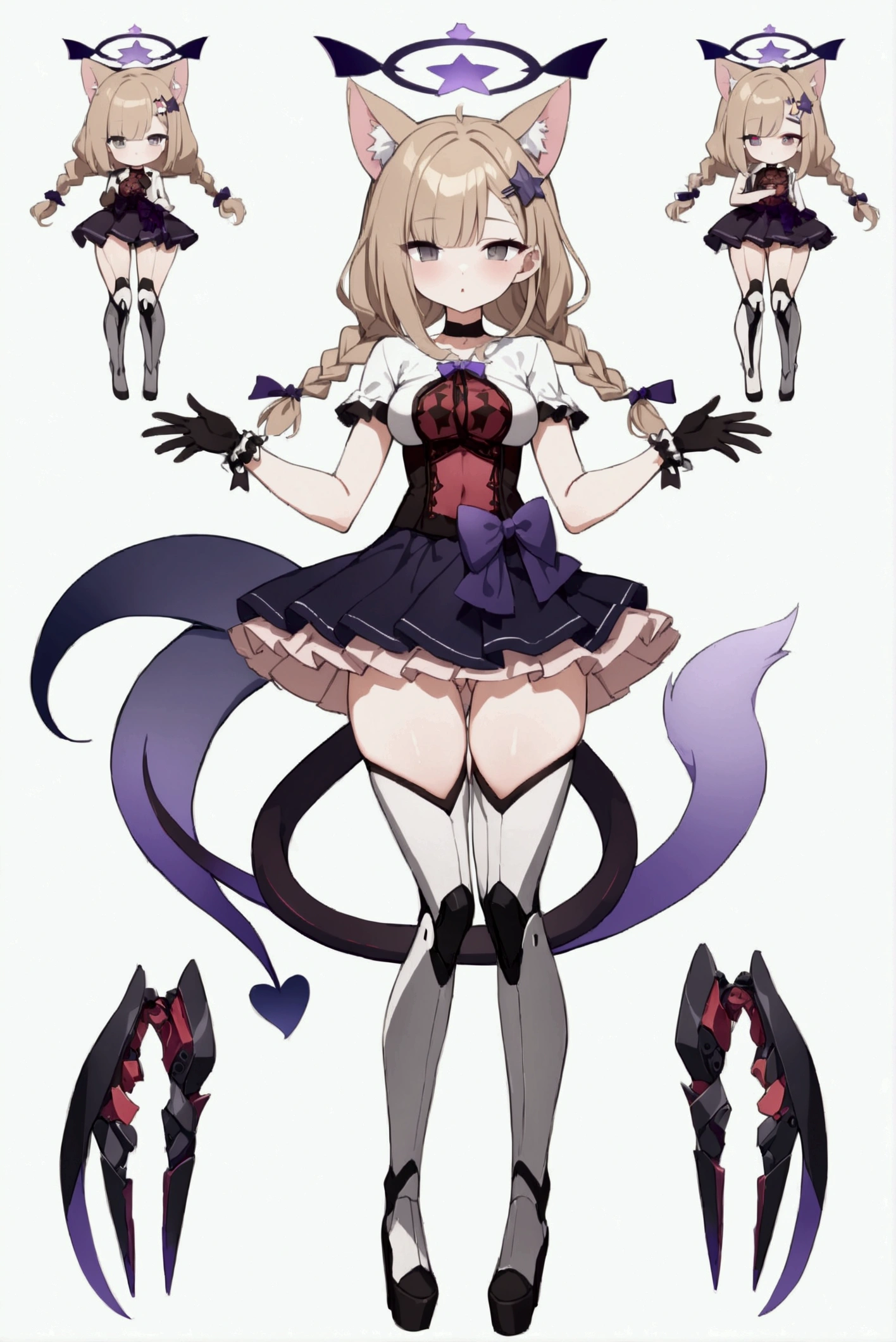 woman 170 cm tall, medium chest, wide hip, slim build, charming look, ((whole body)), (((character design sheet: front view))), (dark blonde hair, ((hip length wavy hair, asymmetrical bangs, star hairpin)), (She has a short braid tied with an elegant purple ribbon on the left side of her hair above her chest), (She has a short braid tied with an elegant purple ribbon on the right side of her hair above her chest), She has small hair bows in the back of her hair), ((Gray eyes with a pink 4-pointed star in the pupil)), (Two black and purple fox ears located on the top of the head), (Luminous black horizontal halo with purple star patterns above head), He has a black collar with a heart emblem on his neck., (Elegant long one piece dress, Thigh-length lace and ruffle skirt, large bow at the back of the hip, ribbon decorations and star patterns on the dress), black ruffled gloves, Black platform heels, gray belt at the waist with a large ribbon with a luminous pink heart in the middle, ((He has a succubus tail that ends in the shape of a purple heart)), (((It has complex mechanical legs that reach up to the thighs and are black with small purple and red details.))), beautiful detailed hair, beautiful detailed dress, extremely detailed arms, extremely detailed face, Extremely detailed hands, small face, Beautiful detailed eyes, beautiful detailed lips, adorable, extremely detailed legs, (Best Quality, 4k, high resolution), ultra detailed, Exquisite and epic character art, ((White background)), (Focus on symmetry).