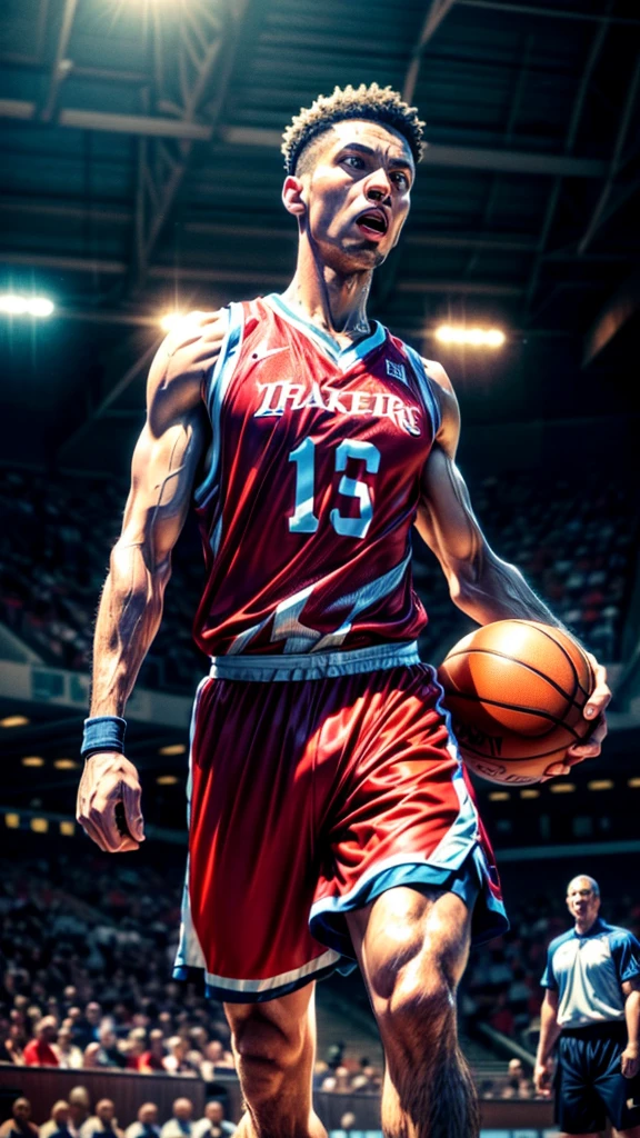 a middle-aged basketball player, powerful dunk shot, cheering crowd, (best quality,4k,8k,highres,masterpiece:1.2),ultra-detailed,(realistic,photorealistic,photo-realistic:1.37),dynamic pose, intense expression, muscles toned, detailed jersey, sweat beads, court floor, stadium lights, blurred crowd, dramatic lighting