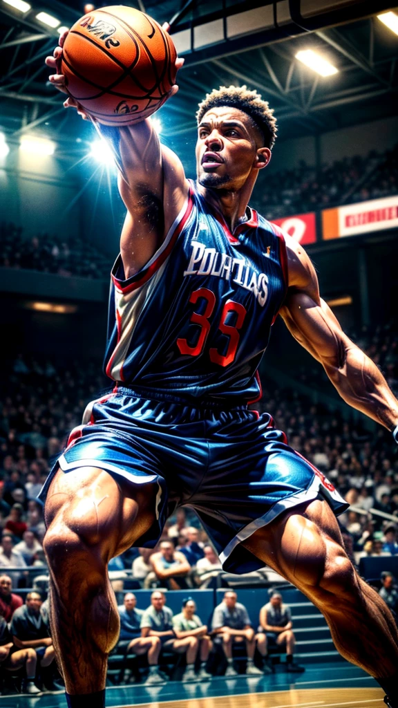 a middle-aged basketball player, powerful dunk shot, cheering crowd, (best quality,4k,8k,highres,masterpiece:1.2),ultra-detailed,(realistic,photorealistic,photo-realistic:1.37),dynamic pose, intense expression, muscles toned, detailed jersey, sweat beads, court floor, stadium lights, blurred crowd, dramatic lighting