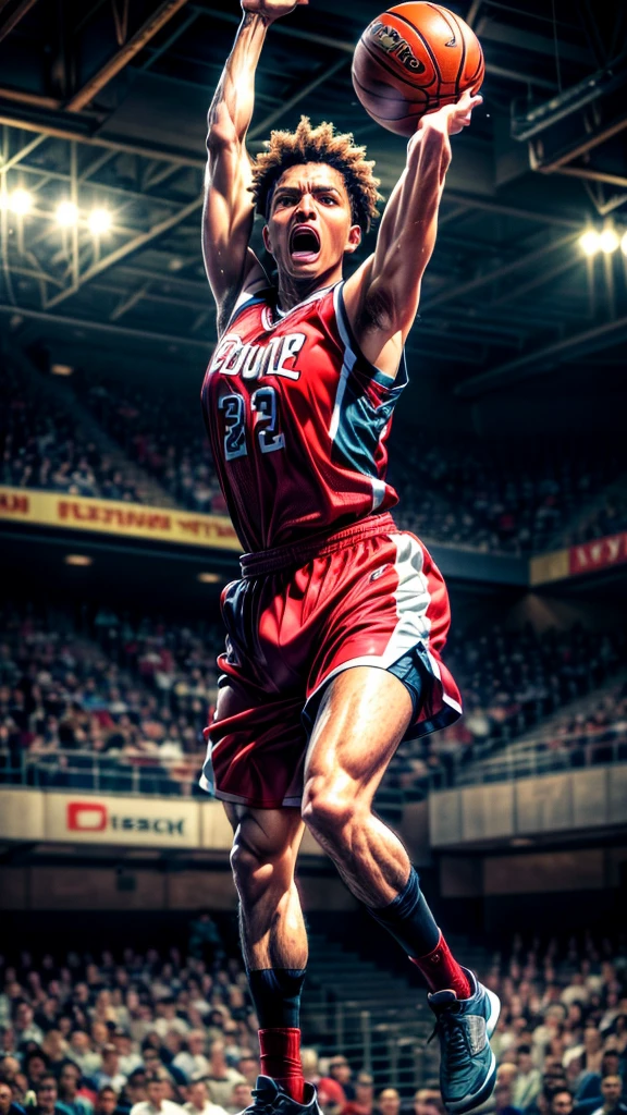 a middle-aged basketball player, powerful dunk shot, cheering crowd, (best quality,4k,8k,highres,masterpiece:1.2),ultra-detailed,(realistic,photorealistic,photo-realistic:1.37),dynamic pose, intense expression, muscles toned, detailed jersey, sweat beads, court floor, stadium lights, blurred crowd, dramatic lighting