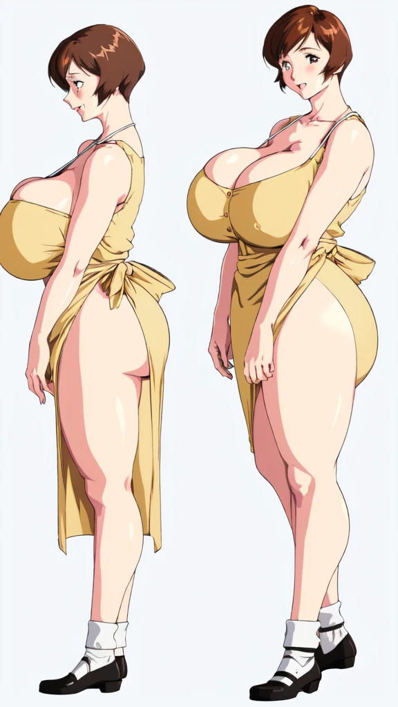 masterpiece, highest quality, High resolution, One girl, solo, sexual intercourse, Pornographic images, short hair, etsukoto, brown Eyes, fine grain, fine grain, (((Thick thighs, Plump thighs, Voluptuous thighs, Thighs alone are enough))), Huge and ample breasts, Cleavage, big long breasts, Naughty big,((big breasts are important))、((Naughty thighs)), L Cup, (thin:1.4),(Tight waist:1.4),  (yellow dress:1.4), ((waist apron)),  white panty, (((Simple Background))), ((Wide Hips)), Shiny, Oily skin, Mature mother, Calf, Seductive mature woman, milf, Perfect body, Plus Size Model, curvy, ample, etsukoto, blush, clavicle, retro artstyle, 1990s (style), (thick thighs:1.4), Bare legs, ((bursting breast)), firm breasts, (from side:0.9), full body, feet, looking away, open stance, open legs, discovery stance,