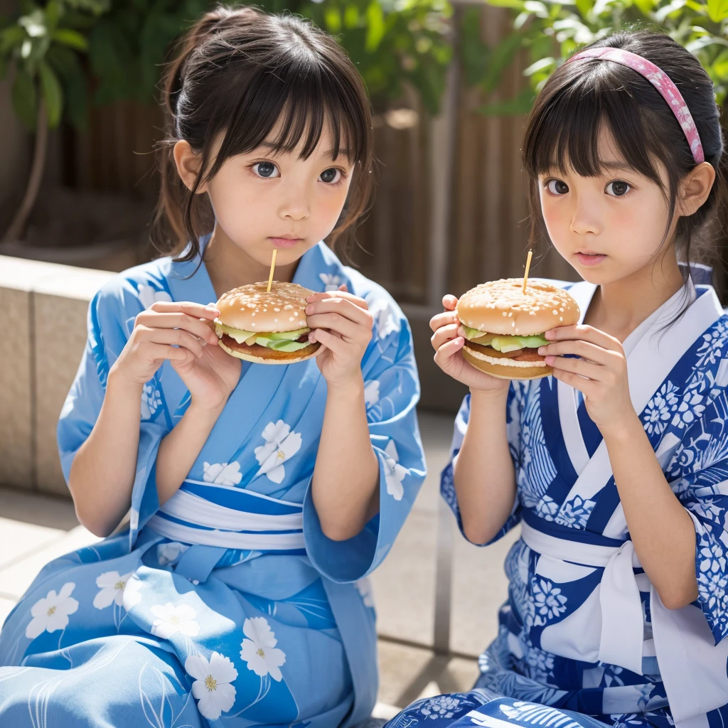 2 girls　 girl and 10 year oldese　Light blue yukata　Realistic Skin　Bigeyes　Eating a Big Mac　フライドポテトを食べている