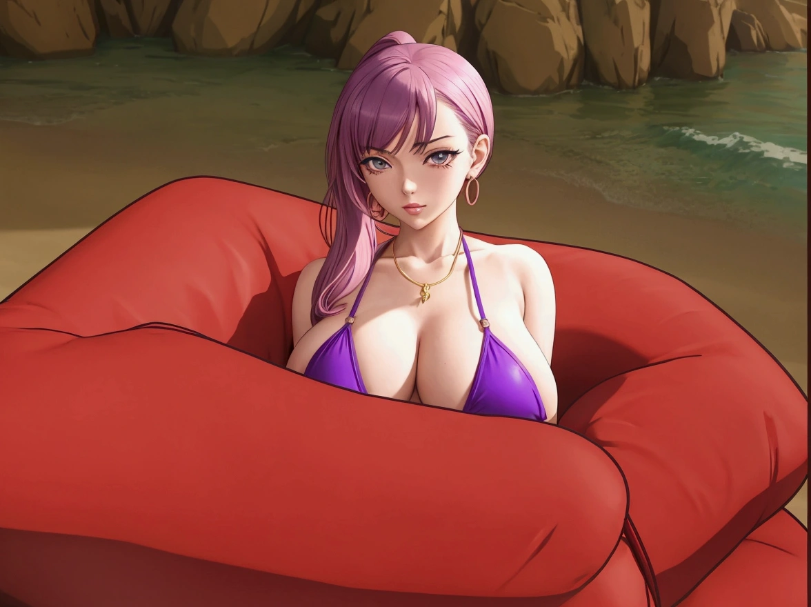 anime girl in a purple bikini sitting on a red couch, seductive anime girl, nico robin, faye valentine, oppai, beaching, pudica pose, sexy pudica pose gesture, sexy gaze, kda, sfw version, beautiful alluring anime woman, juri misaki, bara, pixiv 3dcg, smooth anime cg art, on a beach
