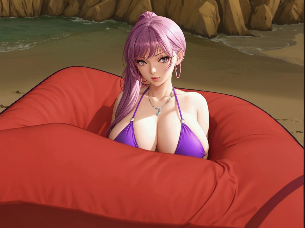 anime girl in a purple bikini sitting on a red couch, seductive anime girl, nico robin, faye valentine, oppai, beaching, pudica pose, sexy pudica pose gesture, sexy gaze, kda, sfw version, beautiful alluring anime woman, juri misaki, bara, pixiv 3dcg, smooth anime cg art, on a beach