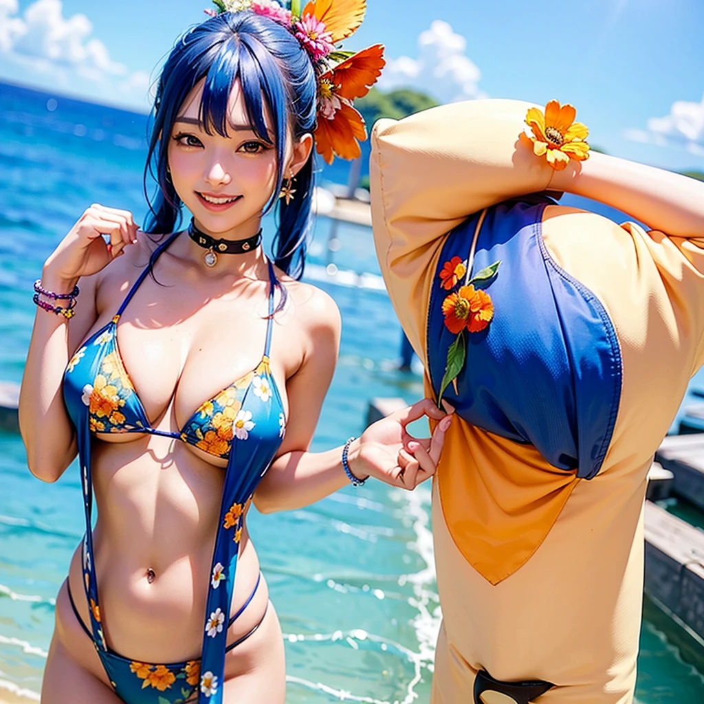 a woman in a bikini and a flower in her hair, breasts, blush, smile, large breasts, hair ornament, navel, twintails, blue hair, collarbone, swimsuit, pink hair, heart, multicolored hair, cowboy shot, earrings, outdoors, sky, choker, day, hair flower, grin, bracelet, two-tone hair, orange eyes, hand on hip, muscular, drill hair, piercing, abs, blue bikini, muscular female, navel piercing, orange flower