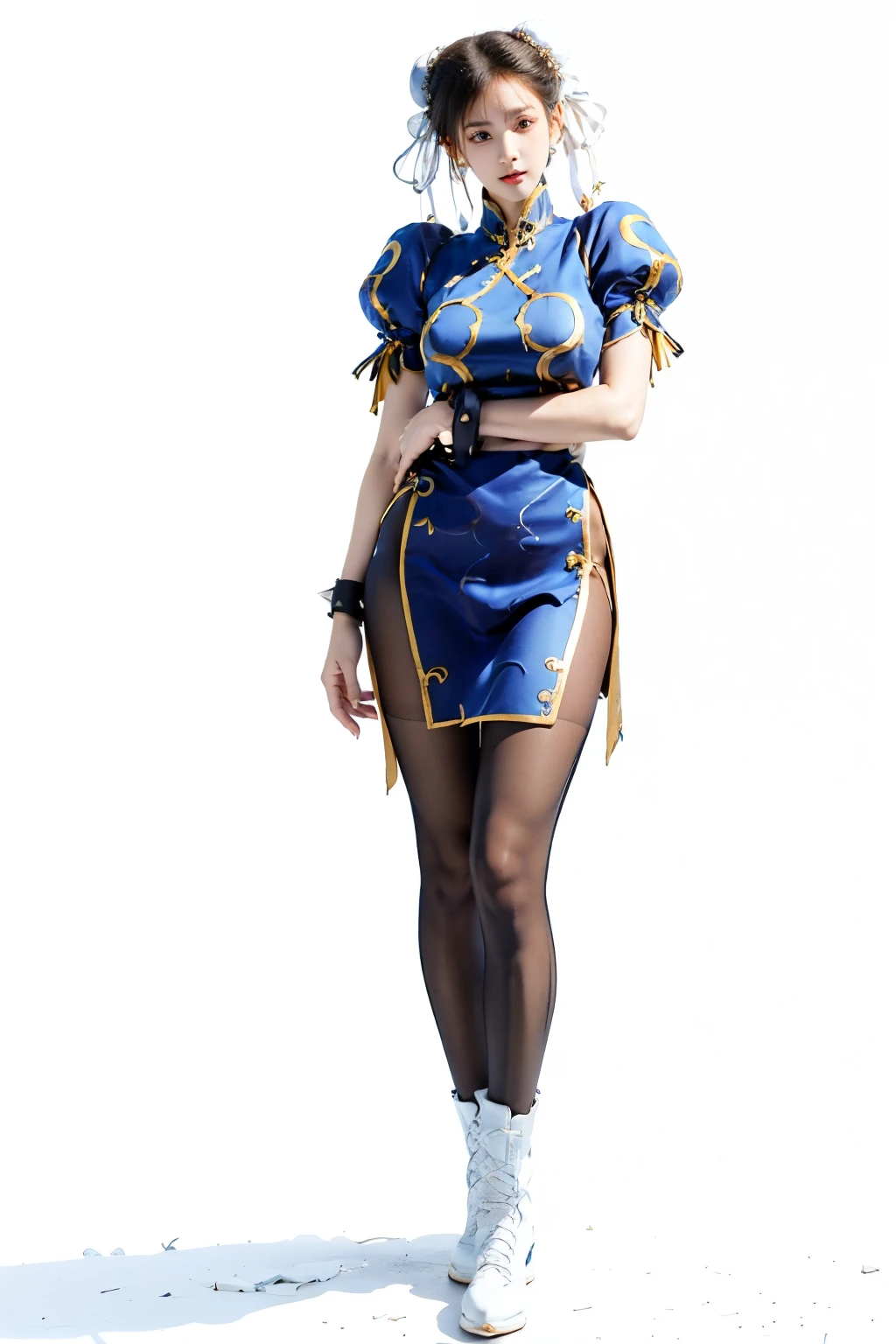 (full body:1.4), (A chun-li posing for a picture:1.4),tall, (hands on crotch:2),(gather legs:1.4),(shy:1.4),(white background:2),chun-li, (standing:2),Bun head,bun covers, boots, bracelet, brown pantyhose, china dress, blue china dress color, chinese clothes, blue china clothes color,cross-laced footwear, dress, gold trim, jewelry,20 denial pantyhose, brown pantyhose color,pelvic curtain, puffy sleeves, sash, short sleeves, side slit, spiked bracelet, spikes and white footwear, beauty face, big breast, thick tight