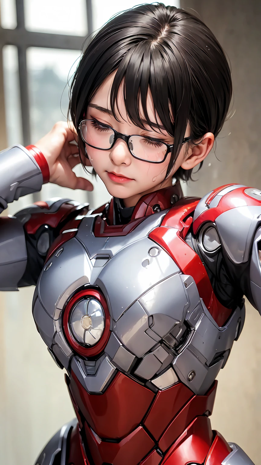 Highest quality　8k Iron Man Suit Girl　Kindergarten girl　Sweaty face　cute　short hair　boyish　Steam coming out of my head　My hair is wet with sweat　The feel of black hair　Full body portrait　My upper body is soaked　Glasses　Changing clothes　Take off　Sweat flying　Blurry expression　Sweaty hair