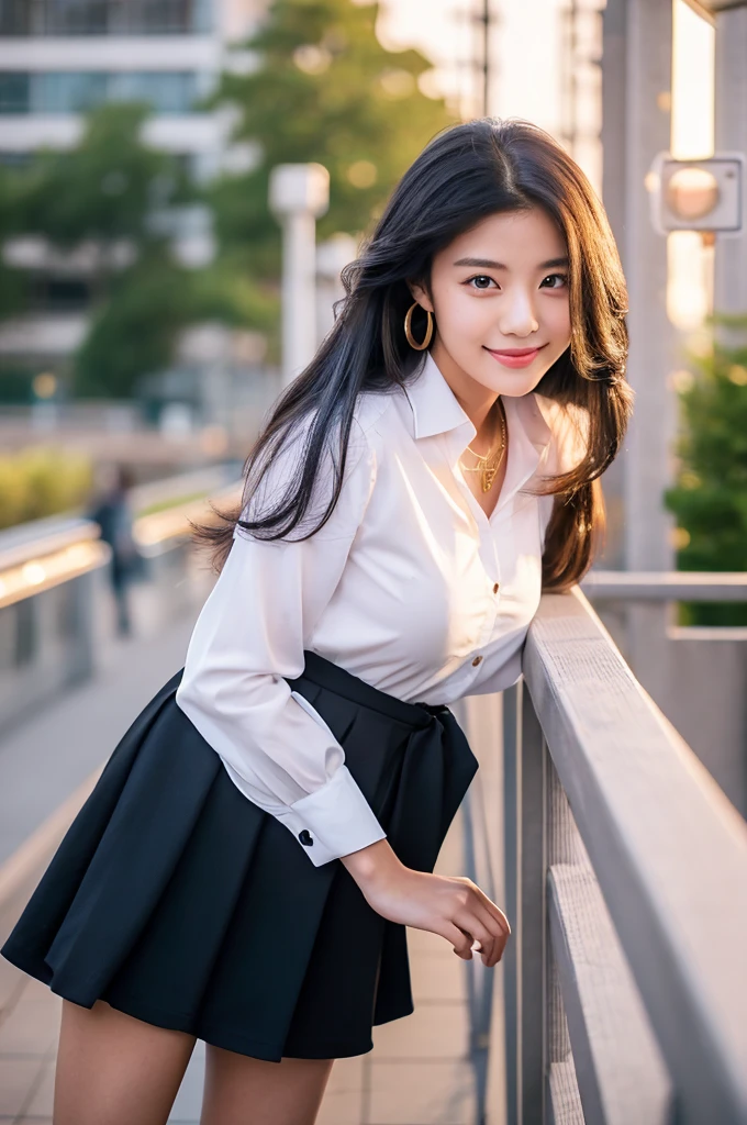 Rooftop of university building, 4th  university student, ((full body)), ((photo)), ((best qualtiy, 8K, tmasterpiece:1.3)), Focus:1.2, perfect figure beautiful girl:1.4, 1girl, cowboy shot, look at viewer, eyes facing the camera, incredibly absurd, beautiful and cute girl with a photorealistic face, showcasing top-quality craftsmanship, A Japanese girl watching the sunset on the roof of a university building, 19 years old, long, straight, silky black hair, fair skin, big eyes, thin eyebrows, double eyelids, long eyelashes, pink lips, smile, devilish smile, gorgeous features, well-defined facial features, beautiful face line, mysterious beauty, slender, tall, well-balanced proportions, large E-cup breasts, white shirt, tight black skirt, beige pumps, gold necklace and bracelet, small earrings, elegant ring, pretty girl, beauty, devilish type, pretty older sister, passionate about art, sociable, friendly, positive, has leadership skills, is proactive, is flexible, gets things done efficiently, works hard towards dreams and goals, March