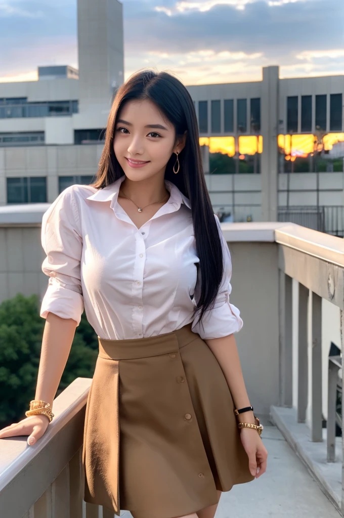 Rooftop of university building, 4th year university student, ((full body)), ((photo)), ((best qualtiy, 8K, tmasterpiece:1.3)), Focus:1.2, perfect figure beautiful girl:1.4, 1girl, cowboy shot, look at viewer, eyes facing the camera, incredibly absurd, beautiful and cute girl with a photorealistic face, showcasing top-quality craftsmanship, A Japanese girl watching the sunset on the roof of a university building, 19 years old, long, straight, silky black hair, fair skin, big eyes, thin eyebrows, double eyelids, long eyelashes, pink lips, smile, devilish smile, gorgeous features, well-defined facial features, beautiful face line, mysterious beauty, slender, tall, well-balanced proportions, large E-cup breasts, white shirt, tight black skirt, beige pumps, gold necklace and bracelet, small earrings, elegant ring, pretty girl, beauty, devilish type, pretty older sister, passionate about art, sociable, friendly, positive, has leadership skills, is proactive, is flexible, gets things done efficiently, works hard towards dreams and goals, March