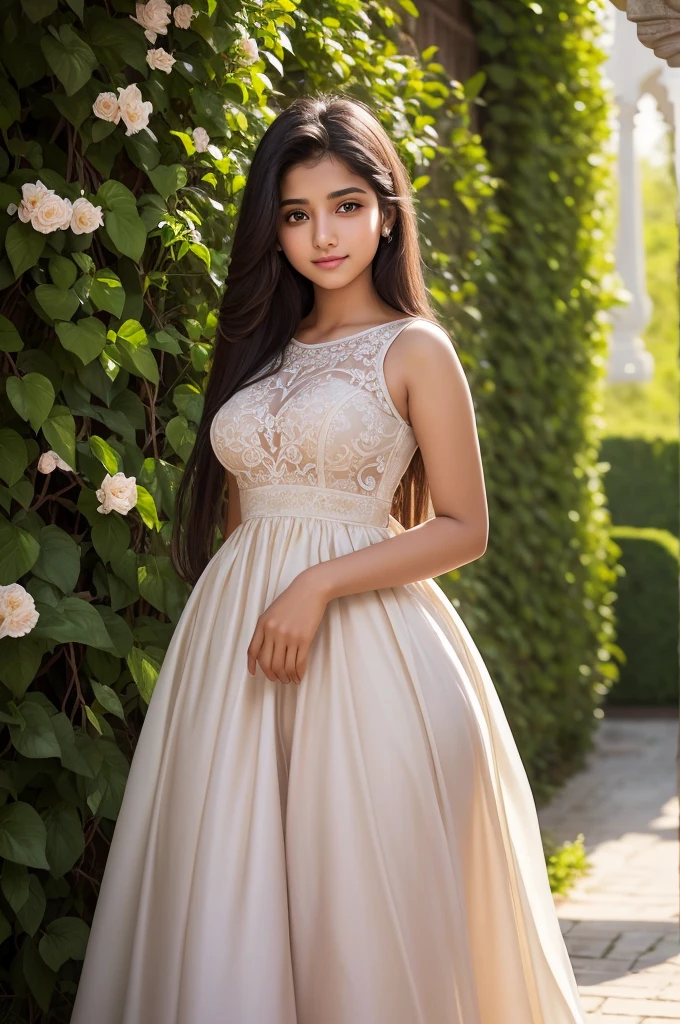 elegant teenager, 16 yrs old, indian girl style, crooked but elegant nose, long, elegant small sensual lips, sweet eyes, Curvy body with delicate, beautiful thin and proportional measurements... Dark brown eyes and long straight hair... standing, with a long, flowery dress smiling with eyes that have no love... fully body.