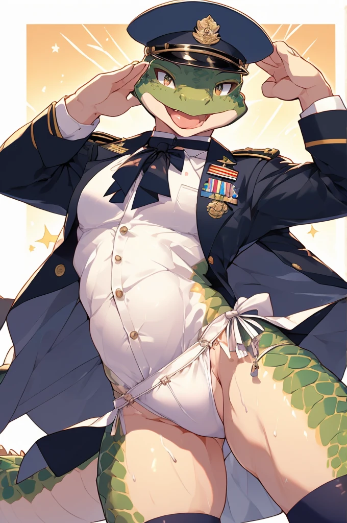 Highest quality、Sexy Baby Lizardman、Skimpy、Lizard head、Shota、maleの子、male、Sweat、Embarrassing、Gay、Triumphal Parade、cute、Knee-high socks、frilled choker、Obscene language、Showing tongue、toplesagazine cover style illustration、bow tie、salute、military cap、Get a tip、Belly button style military uniform、navy、Minimal Panties、Transparent fabric