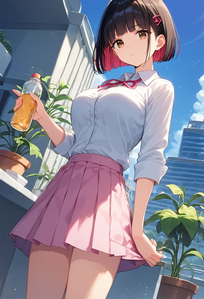 score_9,score_8_up,score_7_up,masterpiece,best quality, source anime, official art, super detailed, extreme detailed, rating_safe,
1girl, standing, holding tiny bottle, looking at viewer, from below, dutch angle,
BREAK girl, 22yo, short hair, bob cut, (blunt bangs), black hair, (tareme, detailed cute brown eyes), curled eyelashes, (large breasts:0.9),
shiny hair, beautiful detailed eyes, beautiful face,
white collared shirt, pink jacket, pink tight mini skirt,
expressionless,
Greenhouse on the roof of a building, night, Rafflesia, (Strange plant:1.2),
A sinister whirlpool of dark, twisted shapes and angry red highlights, conveying a sense of overwhelming hatred