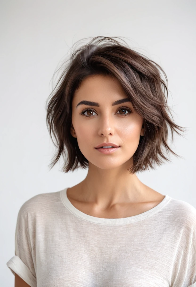 imagine a so beautyful woman with a short cute hair, she is a brunett , long hair, brown eyes, expresive hairbrown, standing in front of a white wall, realistic image, raw quality, 8k resolution