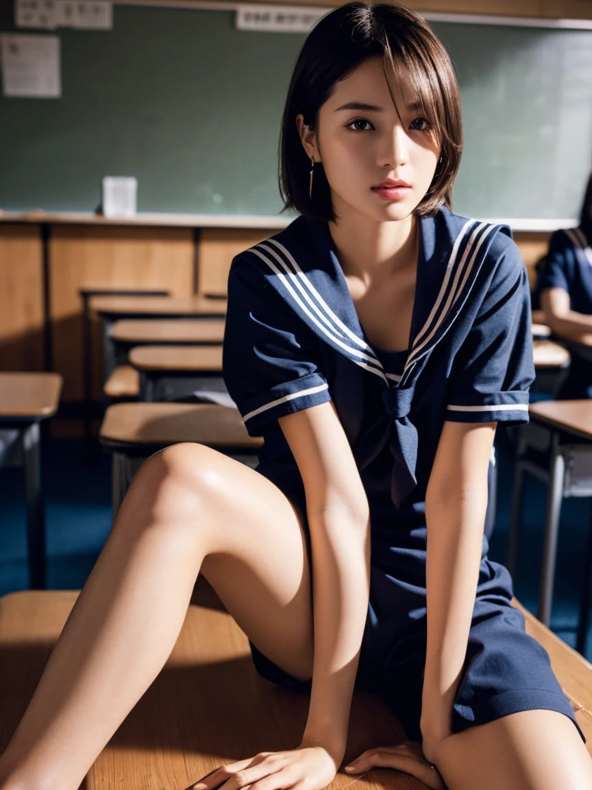 (masterpiece:1.2), Very detailed, Ultra-high resolution, (Realistic, photo Realistic:1.6), High-resolution RAW color photos, Professional photos, Dramatic lighting, 映画のFunctionalなシーン、Sharp focus:1.2, (Very detailed顔と肌の質感, Very beautiful eyes, Glossのある肌, Glowing Skin, Glowing Skin, Shining Face, Gloss, Oily skin, greasy face, Oily skin, greasy face, 強いGloss), Perfect Anatomy, Very detailed背景, 1 female, 25-year-old woman, Japanese women,Height: 168cm, (Short Bob Hair, Straight hair, bangs:1.3, Brown Hair), (Lean:Weight 1.0), (Flat Chest:1.6),(Slender legs:1.4)、(((dim:1.4)),(((High school classroom))),((((Sailor suit)))), (((Lying down)))), (((Lying on your back)))), (((Spread your legs)))、(Erotic), ((Functional)), ((Glowing Skin)),(((Browsing Caution))),Earrings,,(((My crotch is wet)))),,(((Asking for insertion into the groin))))
