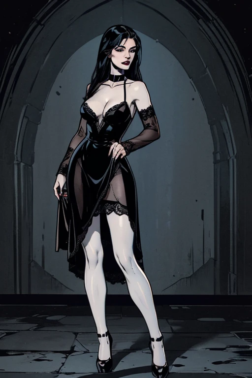 (full body:1.4), Beautiful 20 yo woman of English descent. perfect figure,((very pale:1.4))complexion. raven black hair, ice blue eyes. Large natural breasts, beautiful ass, shapely legs, Sad eyes, Goth. Black lipstick and nail polish, mascara, choker, vintage black lace dress, black pantyhose, Mary Janes.