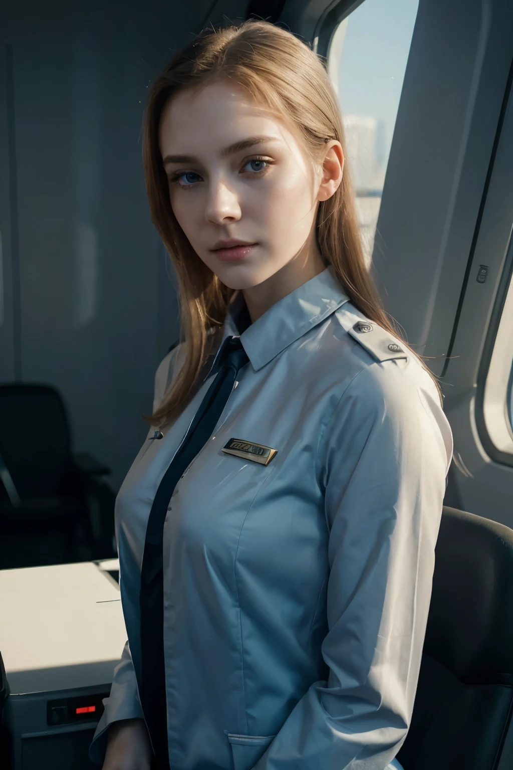 (1 girl:1.3), Alone, __body parts__ Delicate and realistic skin, pale skin, Big, Official Art, 16k unified wallpaper, ultra detail, beauty and aesthetics, beauty, Masterpiece, Best Quality, in the cyberpunk city, fantastic atmosphere, Calm color palette, peaceful mood, soft shadows, flight attendant uniform, glamour
