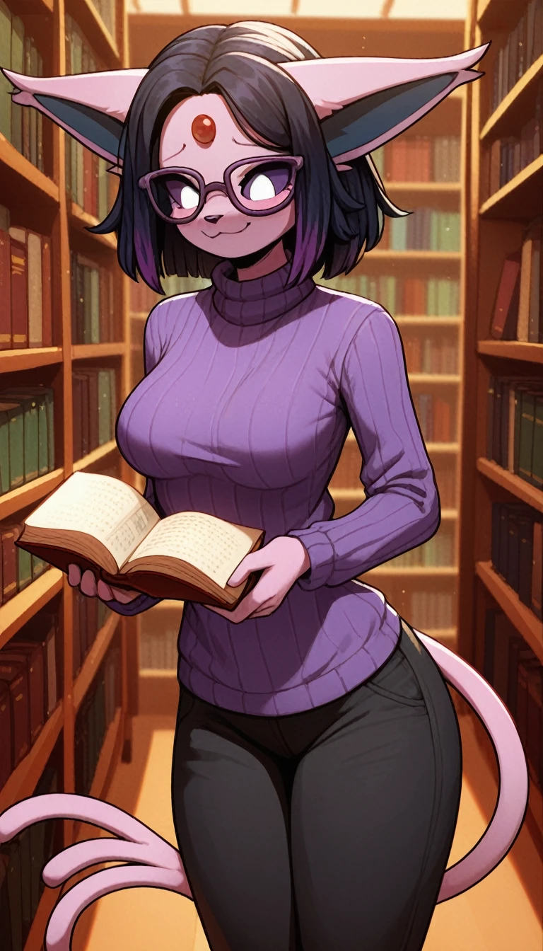 Excited expression, 1girl, anthro, furry, fur, fluffy fur, espeon girl, purple hair (black highlights), purple sclera, white eyes, pony tail hair, straight hair, (19 years), medium breast, thicc thighs, solo, (library), detailed, smug smile, purple glasses, purple turtle neck sweater, baggy pants (black pants), holding books, nervous, shy, looking at the viewer, score_9, score_8_up, score_7_up, score_6_up, score_5_up, score_4_up