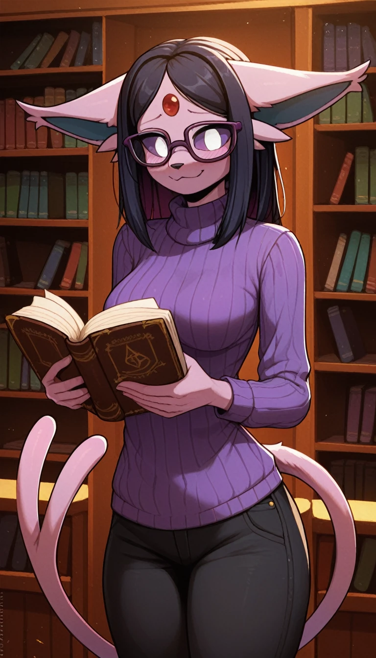 Excited expression, 1girl, anthro, furry, fur, fluffy fur, espeon girl, purple hair (black highlights), purple sclera, white eyes, pony tail hair, straight hair, (19 years), medium breast, thicc thighs, solo, (library), detailed, smug smile, purple glasses, purple turtle neck sweater, baggy pants (black pants), holding books, nervous, shy, looking at the viewer, score_9, score_8_up, score_7_up, score_6_up, score_5_up, score_4_up