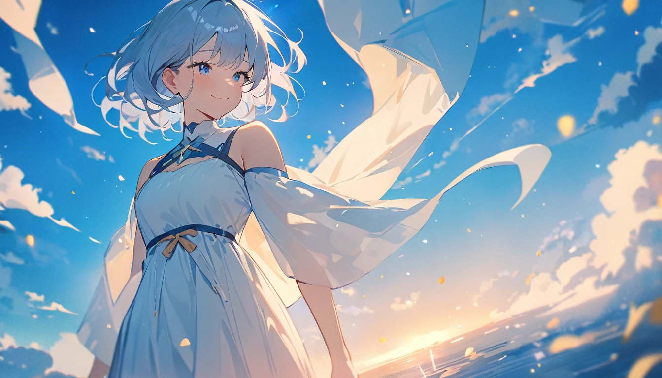 masterpiece, Highest quality, Movie stills, 1 Girl, Cloud Girl,Two Girls , Floating in the sky, close, bright, smile, Warm and soft lighting, blue sky, (spark:0.7)