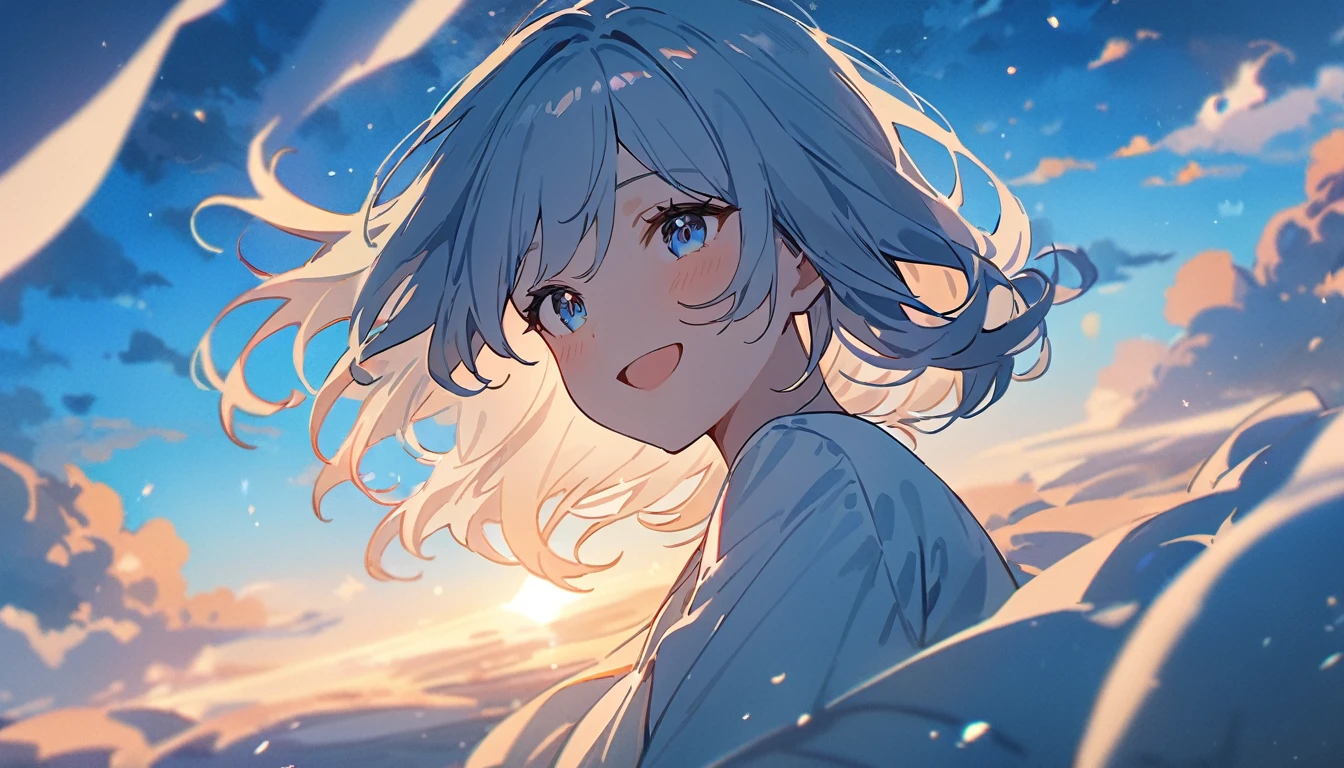 masterpiece, Highest quality, Movie stills, 1 Girl, Cloud Girl,Two Girls , Floating in the sky, close, bright, smile, Warm and soft lighting, blue sky, (spark:0.7)