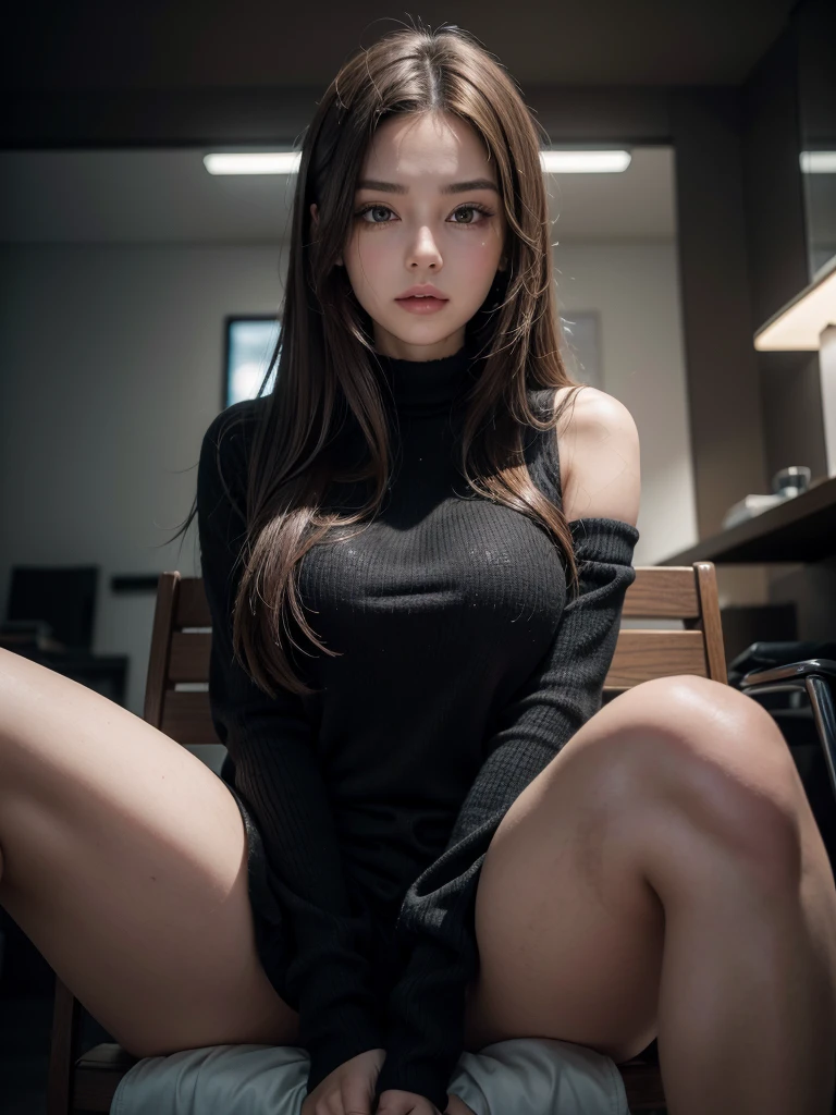 Beautiful woman with shoulder-length straight brown hair wearing long-sleeved black clothing. She is sitting on a chair with her hands resting on her legs., brown hair, hair over shoulder, hair spread out, straight hair, big hair, wide-eyed, longeyelashes, makeup, parted lips, closed mouth, medium hair, cinematic lighting, UHD, anatomically correct, super detail, best quality, 8k