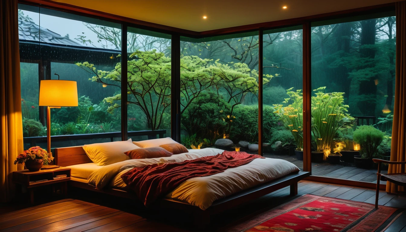 The picture shows a cozy bedroom with large windows offering views of the beautiful, dimly lit garden AND FLOWER-soaked gardens. CINEMATIC, JAPANESE HOUSE, the shape of a Japanese house, and lots of flower gardens in the garden. The bed was unmade with crumpled sheets, indicating only sleep in peace. looks dim, gloomy. Beside the bed there is a small table with a classic lamp burning which radiates warm light into the room. Outside the window, lush green plants can be seen on the terrace or balcony area, rain is falling, the lamp on the left provides warm lighting, creating a calm and peaceful atmosphere. with mist partially obscuring the landscape in the distance. The contrast between the warmth indoors and the rain outdoors creates an inviting and calming atmosphere