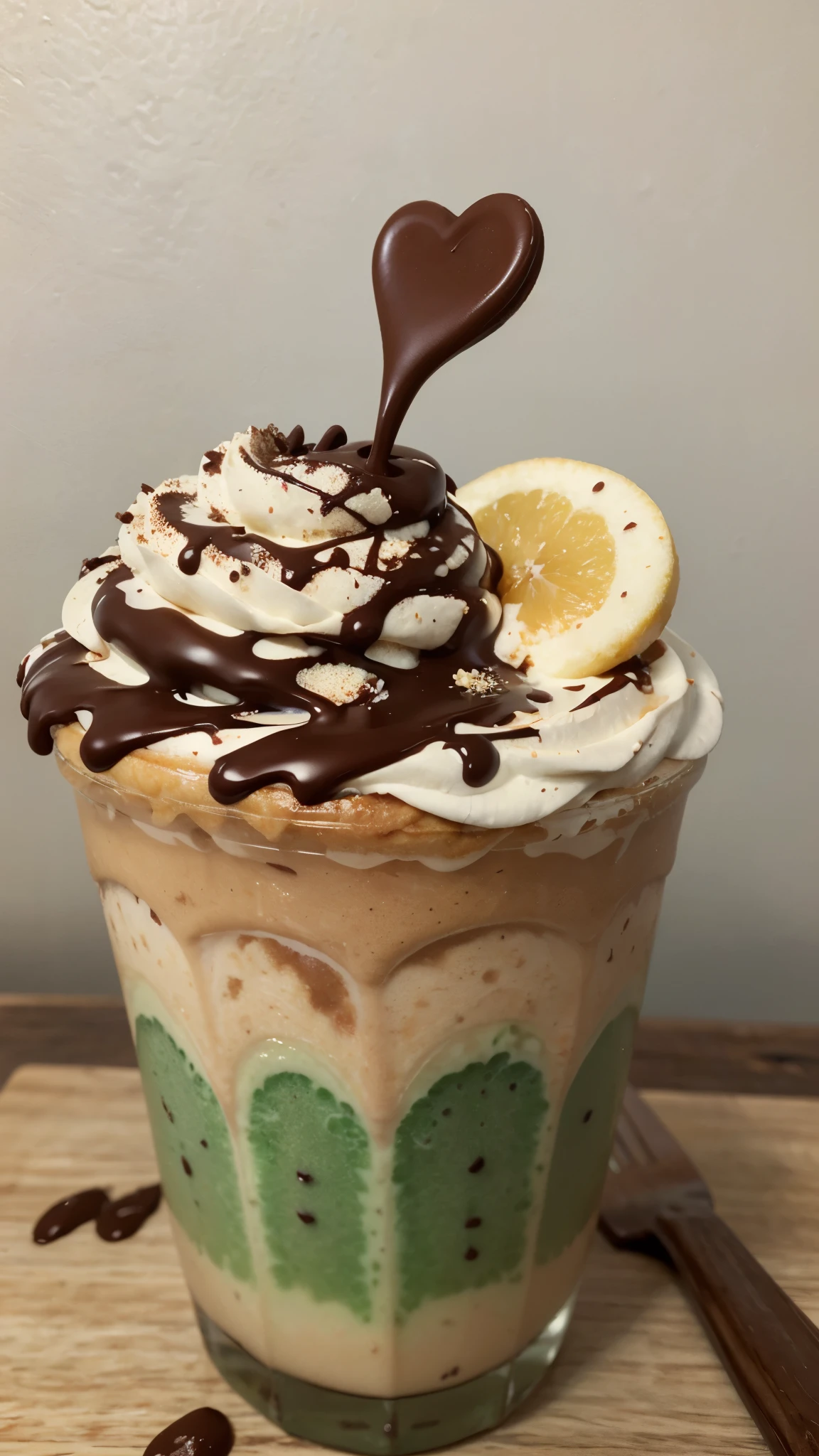 (masterpiece:1.2),(Highest quality),(Super detailed),(High resolution),(Highest quality),(RAW Photos:1.3),(Photorealistic:1.3),8K,wallpaper,Fictional Food,Fruit Chocolate Mix Frappuccino