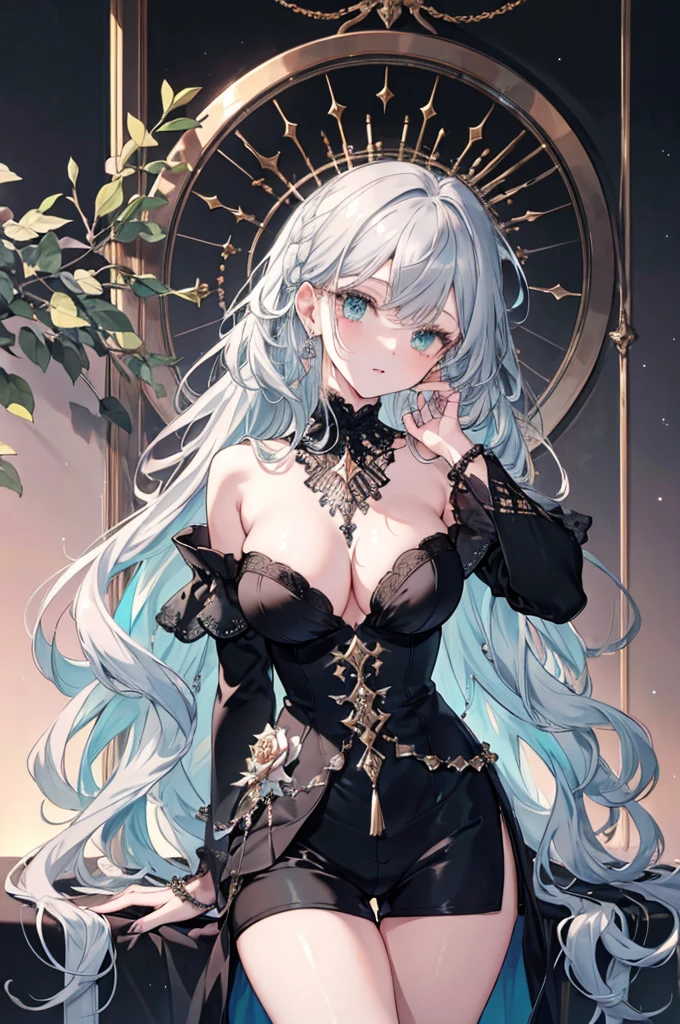 High resolution RAW color art, animation,Sculpture, Silver Marble Skin, (((Highly detailed elegant))), Magical atmosphere, Detailed skin, texture,(Exquisitely crafted, The finer details, Ultra-detailed art), Depth of written boundary, Silky Touch, Hyper Detail, White Background, (Black geometric shapes), Beautiful Eyes, Elegant face, Sunset sky,, Ivory Rose, eye shadow、(Highest quality:1.2, High detail, masterpiece:1.2, Best aesthetics), (1 Girl), Beautiful woman, Beautiful attention to detail, Beautiful lip detail, Highly detailed face, Delicate depiction of hair and eyes, Detailed Fashion, Aqua Eye, Earrings, Big Breasts,Full body depiction, ,Focus on the user, Bare legs, Black nails, Black off-the-shoulder, Black shorts, Gray Hair, Gold bracelet, Long Hair, Light blue inner hair、Hair、Blushing and looking up