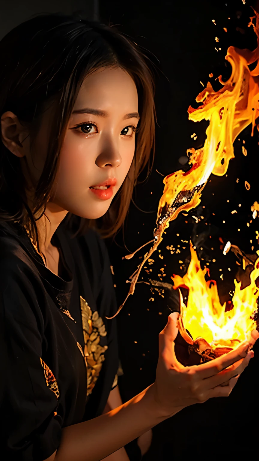 (Fire Element:1.1),由Fire Element组成,(1 girl:1.2),on fire,transparency,hot,(Molten Rock),Flame skin,Flame print,Flaming hair,smokes,cloud,Chopping,,Girl wrapped in flames, The flames soared and sparked,Burning hands,Translucent glow,