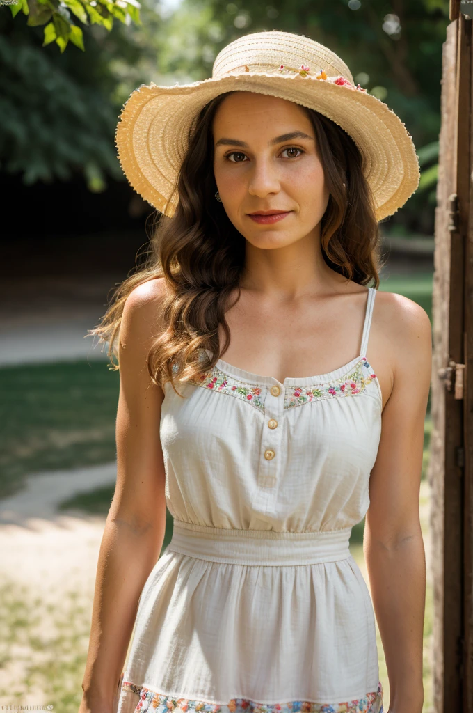 RAW photo of a lady late 40 s bohemian, aoache features portrait, summer dress neutral background, (high detailed skin:1.2), 8k uhd, dslr, soft lighting, high quality, film grain, Fujifilm XT3