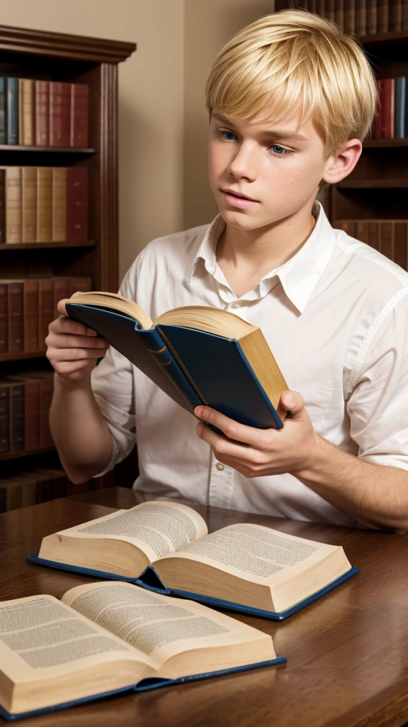 Young blond boy with bible studying