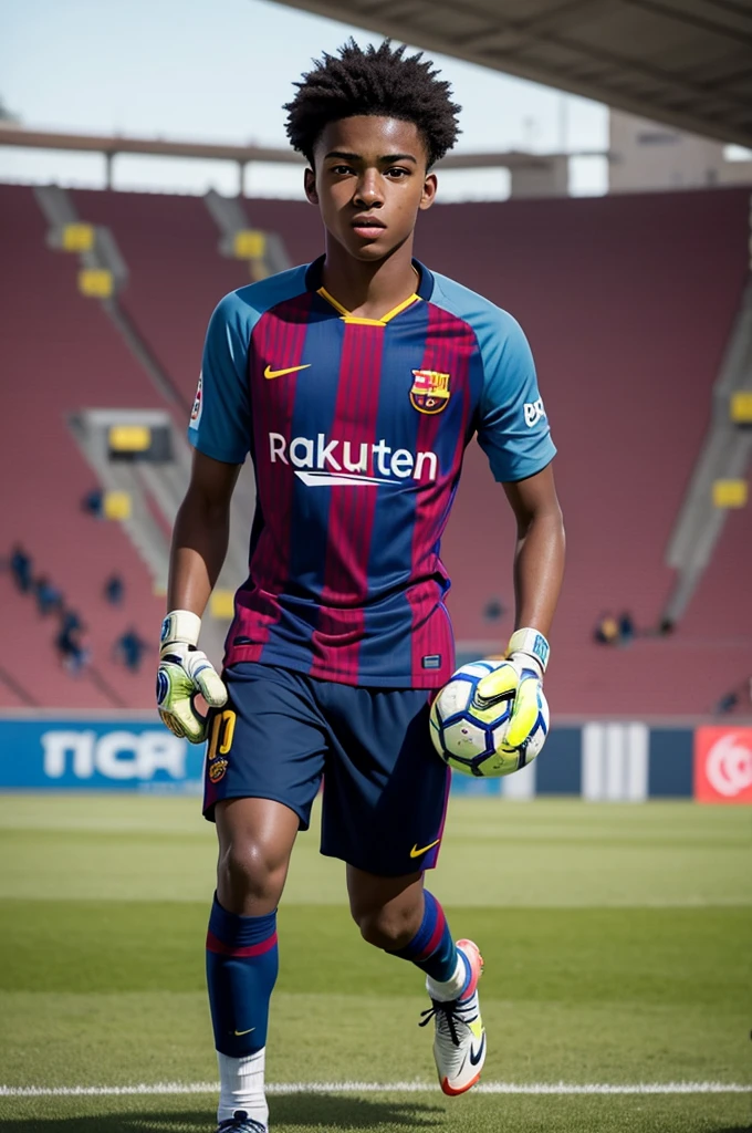 15-year-old black boy who plays on the professional field as a goalkeeper at Barcelona