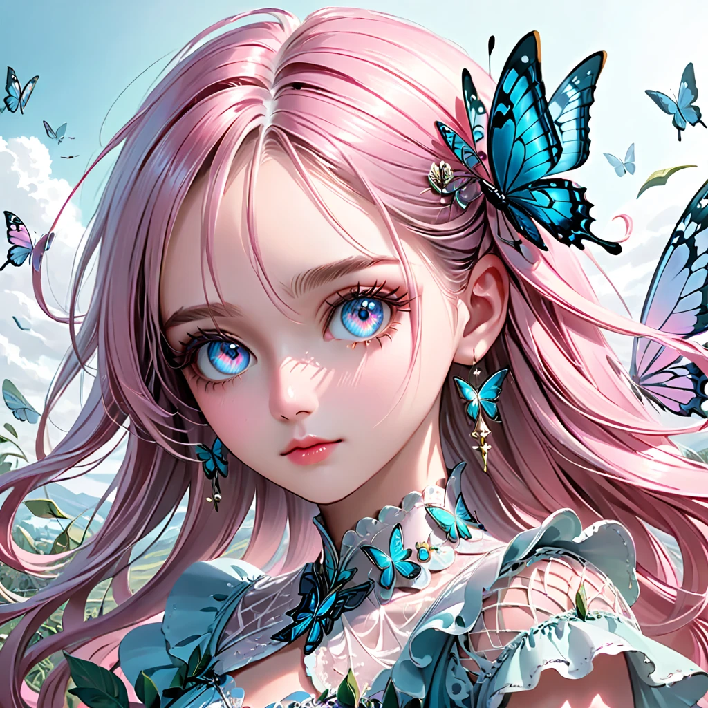 absurdres, (masutepiece:0.7), (best quality:1.3), 8k, 4k, (ultra-detailed, sharp focus:1.3), pastel colors illustration, magical realism, (girlish & feminine:1.0), (elegant atmospher:1.2), extremely detailed beautiful eyes and face, beautiful long eyelashes, beautiful detailed lips, a girl wearing butterfly, 