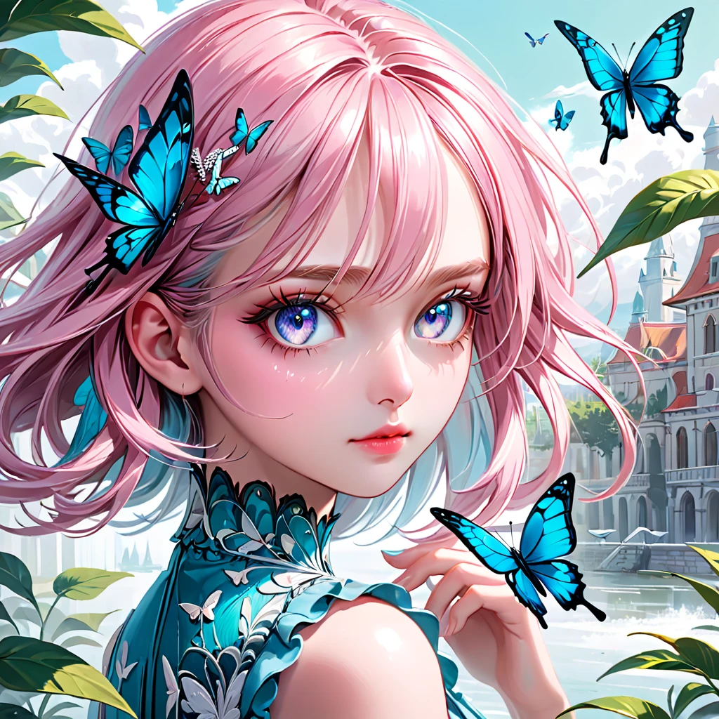 absurdres, (masutepiece:0.7), (best quality:1.3), 8k, 4k, (ultra-detailed, sharp focus:1.3), pastel colors illustration, magical realism, (girlish & feminine:1.0), (elegant atmospher:1.2), extremely detailed beautiful eyes and face, beautiful long eyelashes, beautiful detailed lips, a girl wearing butterfly,