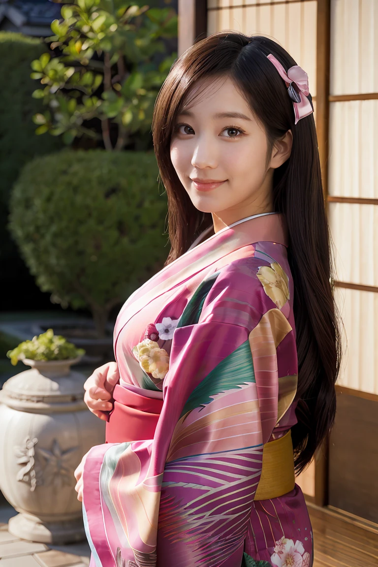 masterpiece, (photorealistic:1.5), realistic eyes, asian woman, best quality, beautiful lighting, professional lighting, photon mapping, radiosity, physically-based rendering,, kamado nezuko, 1girl, black hair, forehead, hair ribbon, japanese clothes, kimono, long hair, multicolored hair, open mouth, pink eyes, pink kimono, pink ribbon, ribbon, smile, very long hair, sky, ((aged up)),, (RAW photo, 8k uhd, film grain)