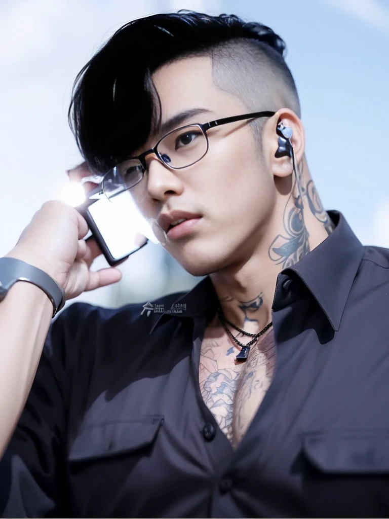 Realistic ultra-detailed a asian men with talking on a cell phone from the webtoon Wind Breaker. ((glasses)), He has black hair, lip incision, ((tatto in his neck and chest)). Use a 70mm lens for a stunning portrayal."