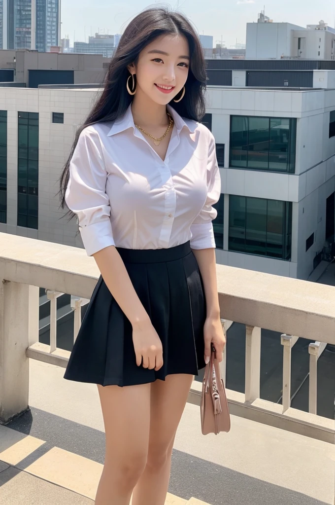 Rooftop of university building, 4th year university student, ((full body)), ((photo)), ((best qualtiy, 8K, tmasterpiece:1.3)), Focus:1.2, perfect figure beautiful girl:1.4, 1girl, cowboy shot, look at viewer, eyes facing the camera, incredibly absurd, beautiful and cute girl with a photorealistic face, showcasing top-quality craftsmanship, A Japanese girl watching the sunset on the roof of a university building, 19 years old, long, straight, silky black hair, fair skin, big eyes, thin eyebrows, double eyelids, long eyelashes, pink lips, smile, devilish smile, gorgeous features, well-defined facial features, beautiful face line, mysterious beauty, slender, tall, well-balanced proportions, large E-cup breasts, white shirt, tight black skirt, beige pumps, gold necklace and bracelet, small earrings, elegant ring, pretty girl, beauty, devilish type, pretty older sister, passionate about art, sociable, friendly, positive, has leadership skills, is proactive, is flexible, gets things done efficiently, works hard towards dreams and goals, March