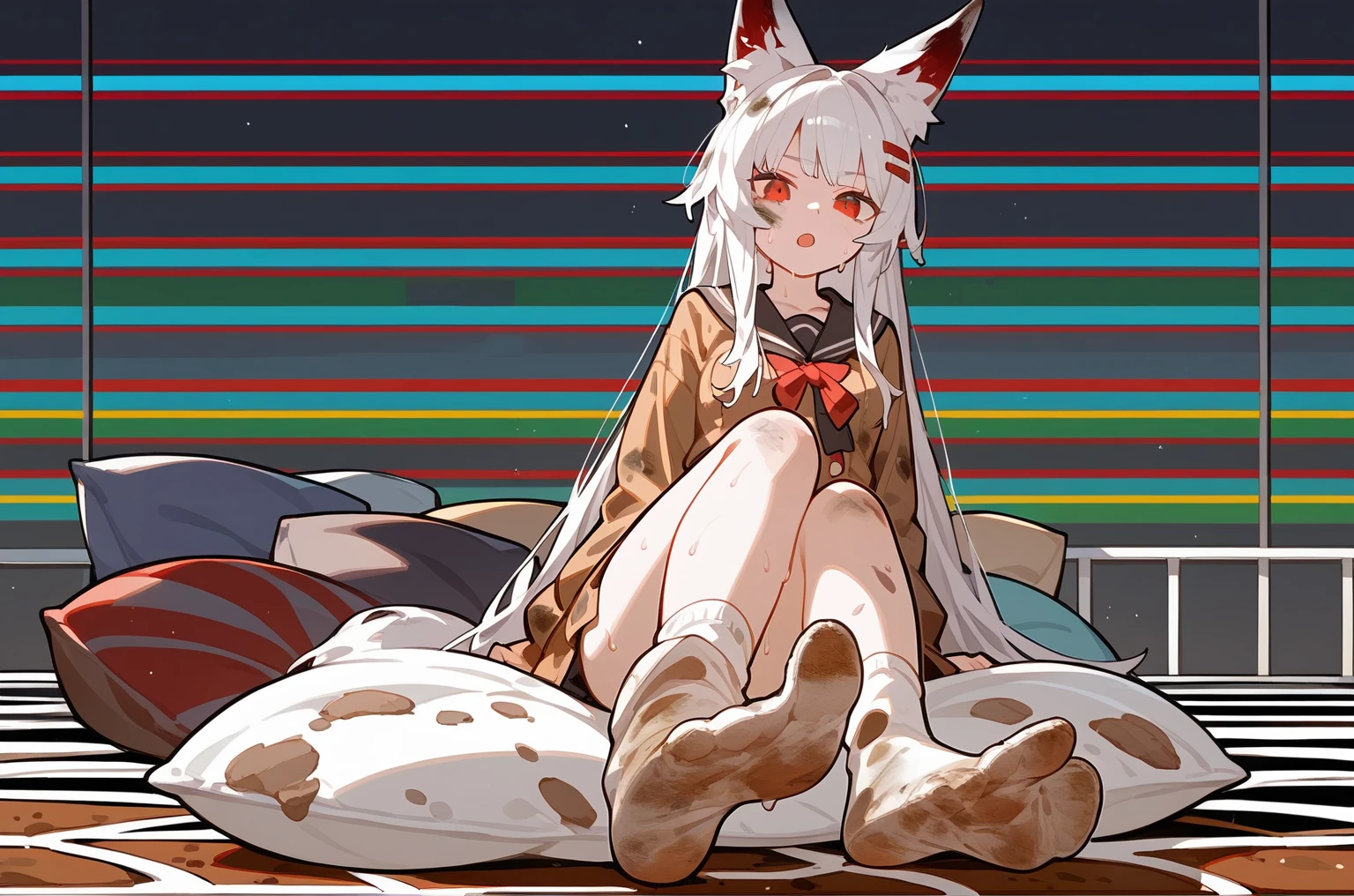 1 girl,dirty,foot,foot底,Red Eyes，breast,solitary,Long hair,White hair,,foot趾,foot部焦点,Looking at the audience,sit,Sweat,open mouth,dirty foot,Keep,indoor,Pillow,Bangs，White knee socks，Fox ears，There&#39;foot的泥土，White clothes，Uniforms，Japanese style，dirtyPillow，dirty床，女孩周围堆满Pillow，女孩踩踏2着Pillow，大量Pillow，Pillow上肮脏，,(Deluxe Rococo Canopy King Bed),On a big and spacious bed,(),,,,Luxurious curtains with ornate ruffles and ribbons surround the bed,((((There are many pillows piled on the bed)))),Detail of Quilt,Detailed bed sheets,女孩踩在Pillow上